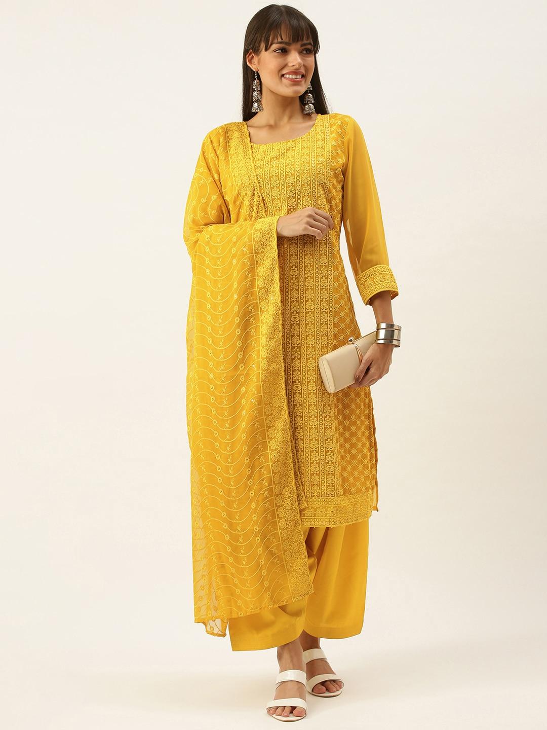 swagg india mustard solid ethnic motif embroidered unstitched dress material