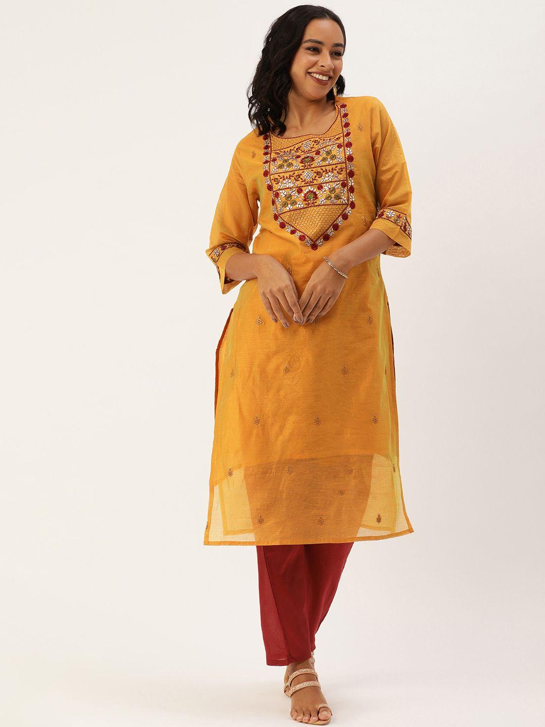 swagg india mustard yellow silk blend embroidered mirror work kurta with trousers