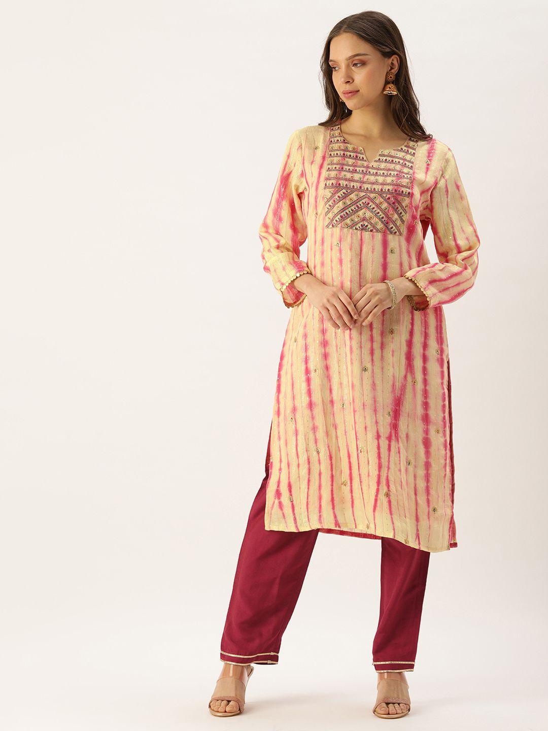 swagg india women cream-coloured & maroon dyed sequinned chanderi silk kurta with trousers