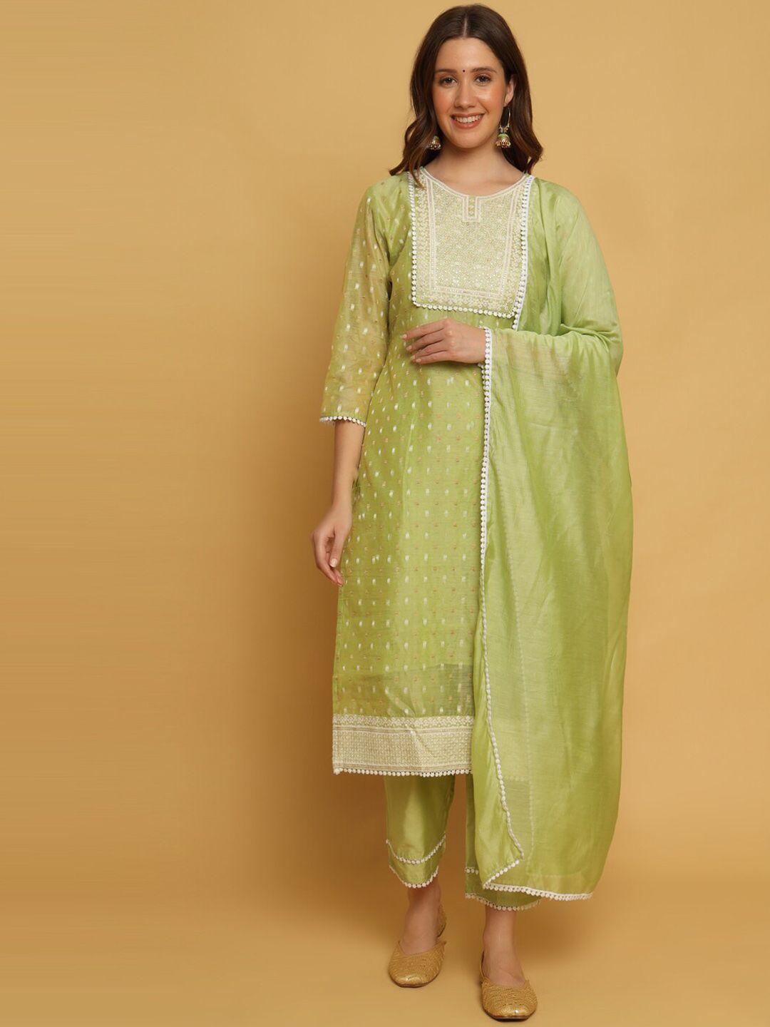 swagg india women green ethnic motifs embroidered regular chanderi silk kurta with trousers & with dupatta
