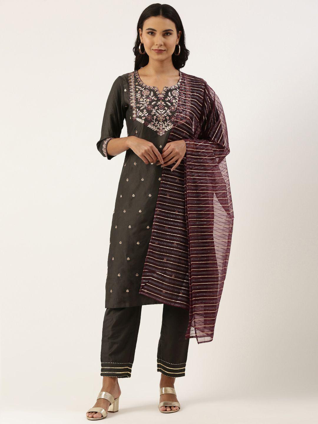 swagg india women grey chinon zari embroidered kurta with trousers & with dupatta