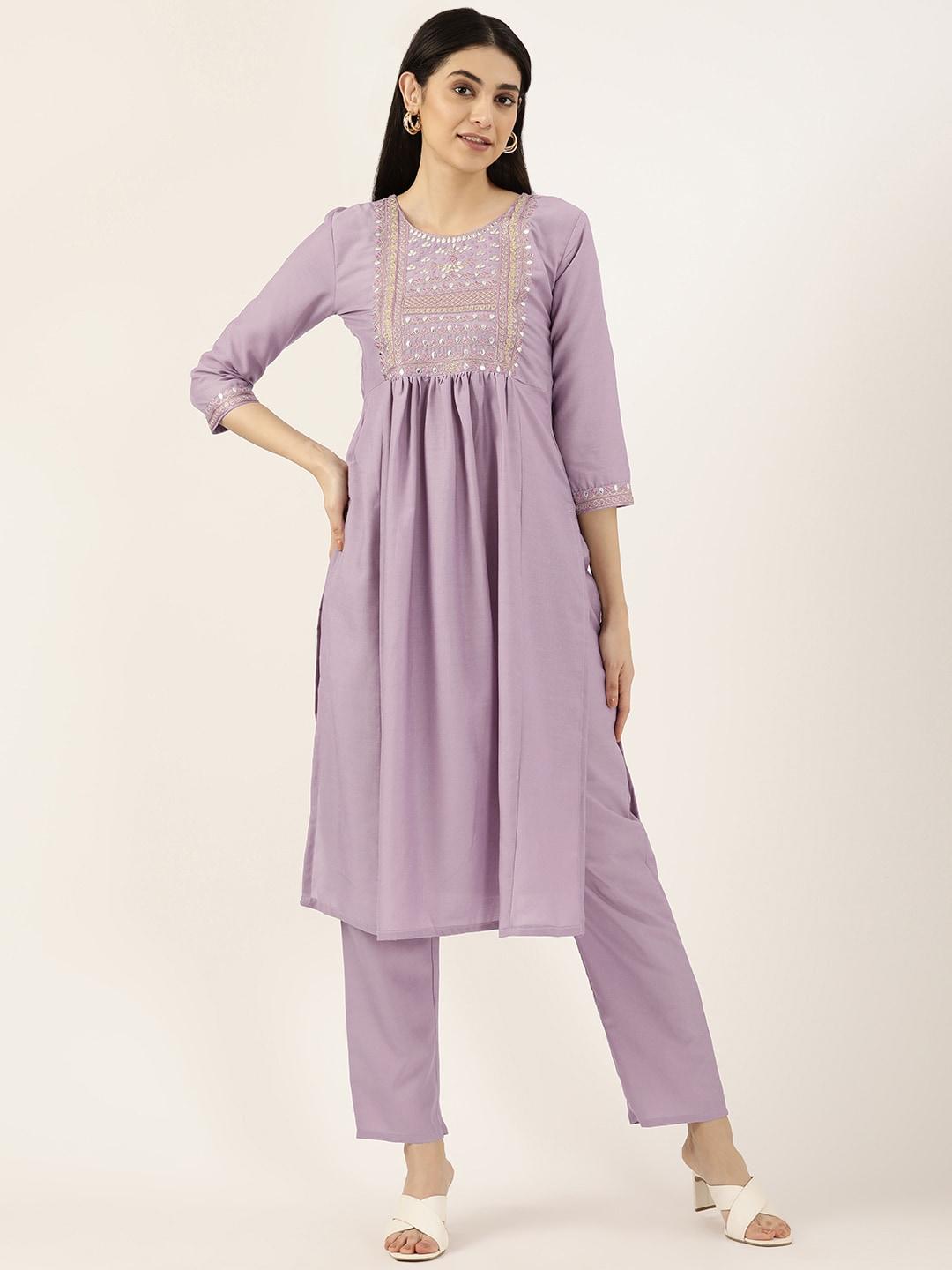 swagg india women lavender ethnic motifs embroidered pleated kurta with trousers