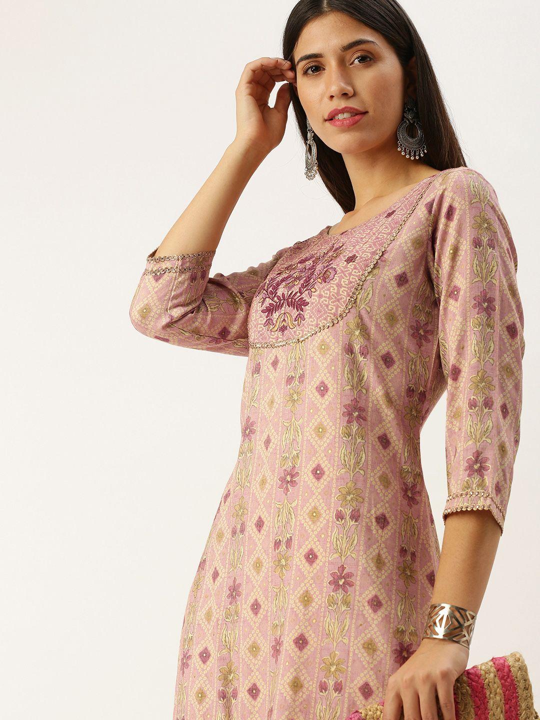 swagg india women pink & beige ethnic motifs printed gotta patti kurta with trousers