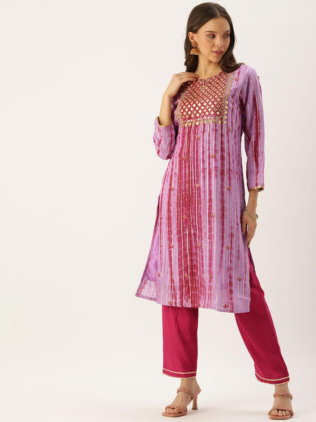 swagg india women purple & pink dyed mirror work chanderi silk kurta with trousers