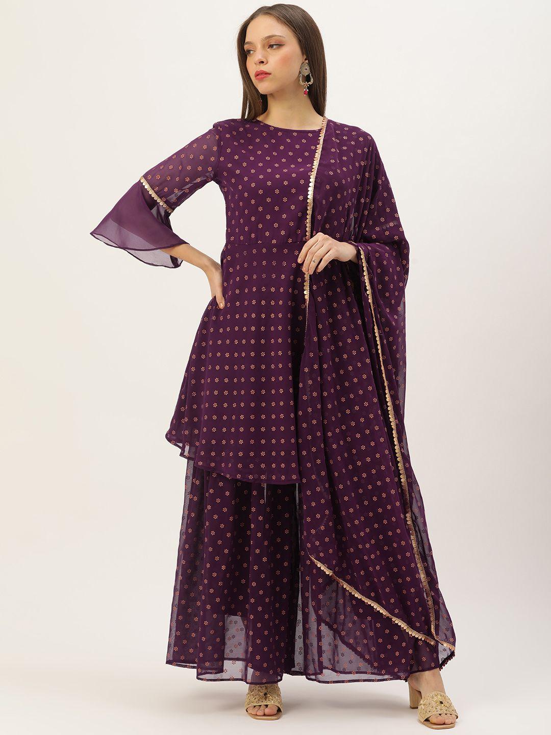 swagg india women purple floral print kurta with sharara & dupatta