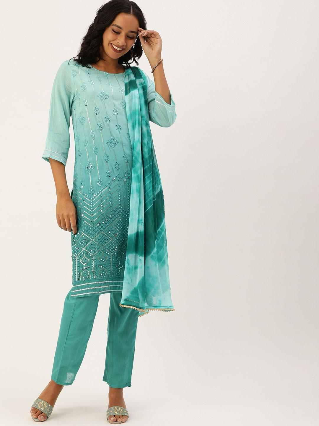 swagg india women sea green silk blend embroidery mirrorwork kurta with trousers & dupatta