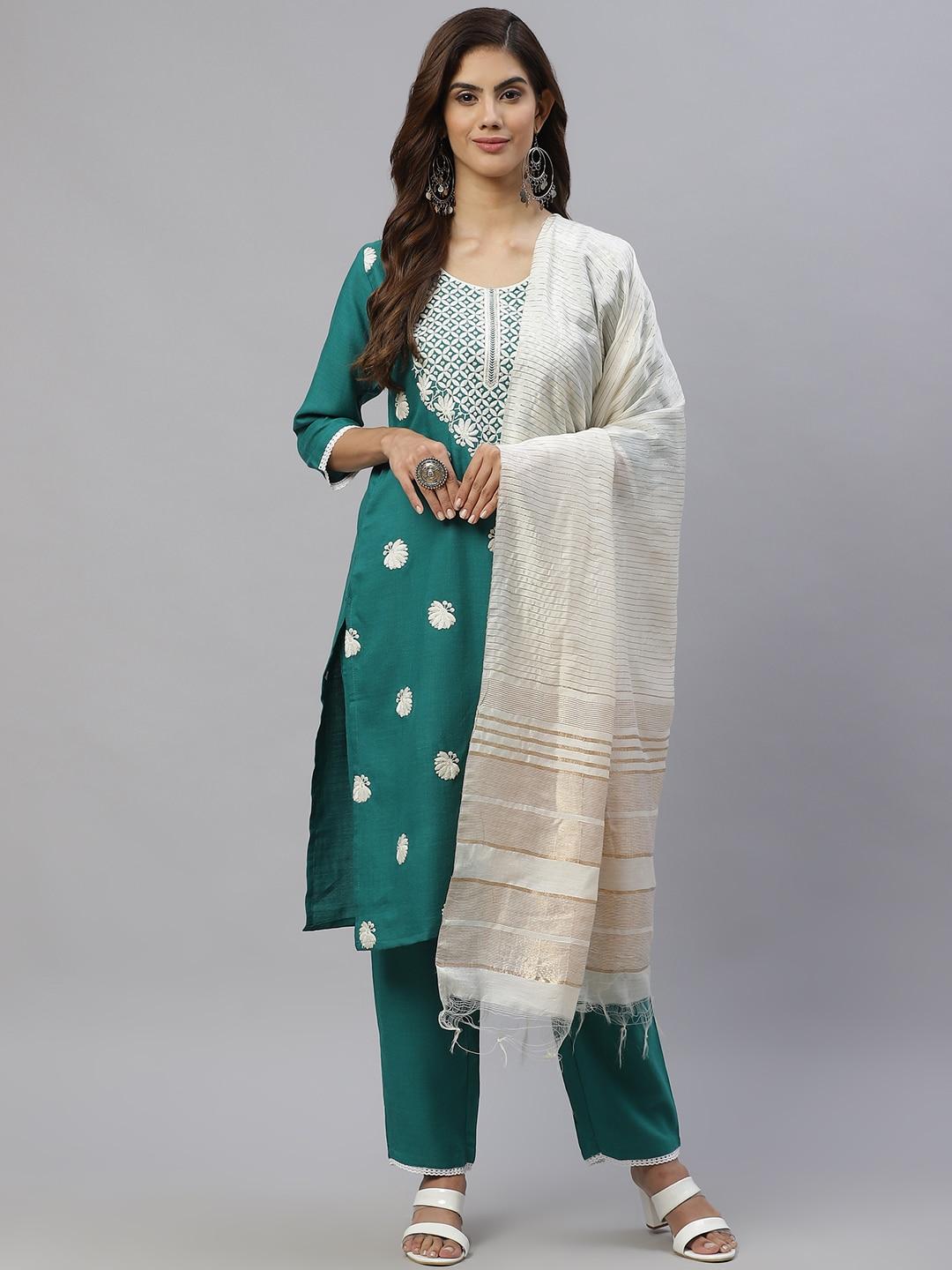 swagg india women turquoise blue floral embroidered regular kurta with trousers & with dupatta