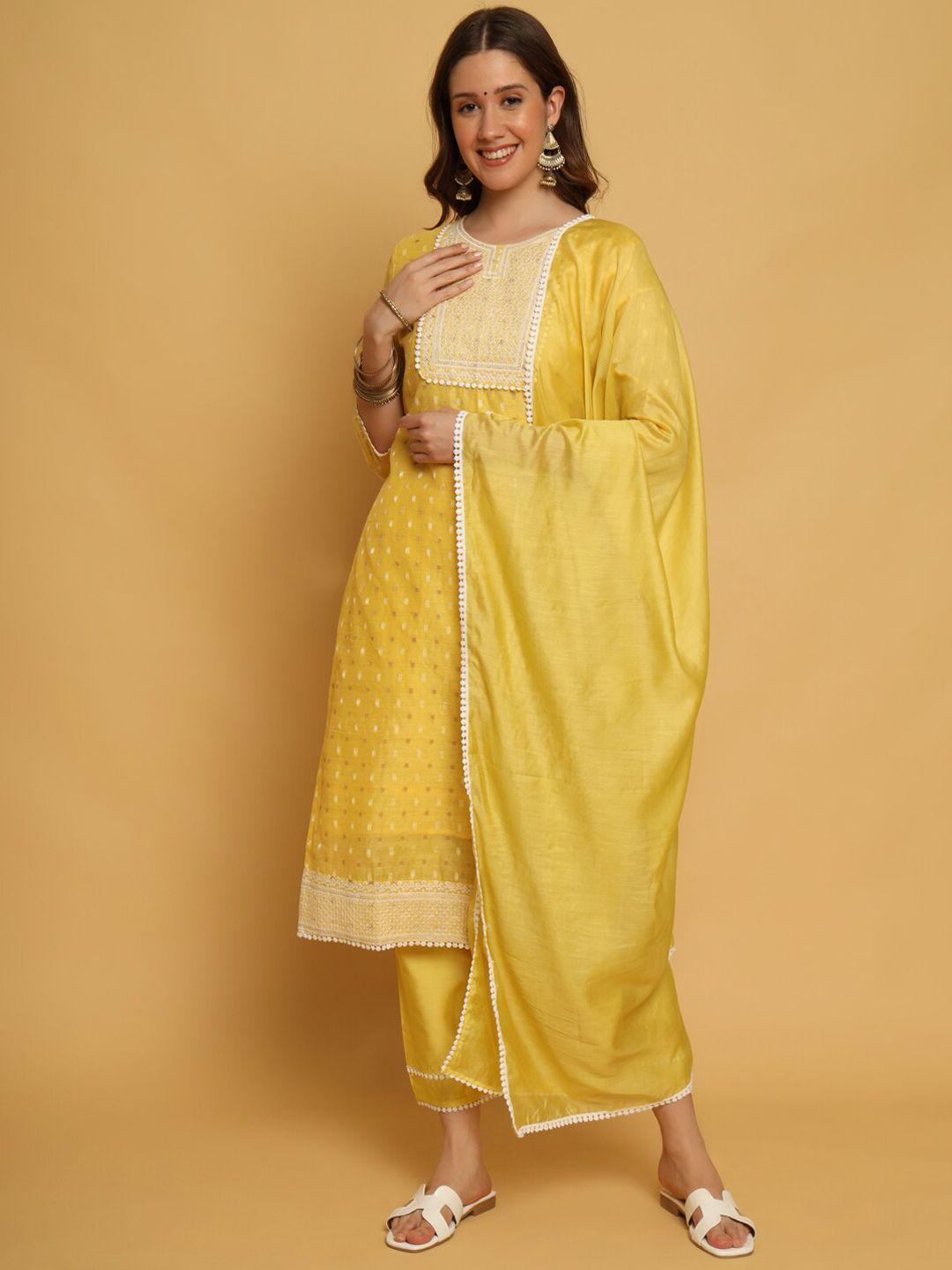 swagg india women yellow ethnic motifs embroidered regular chanderi silk kurta with trousers & with dupatta