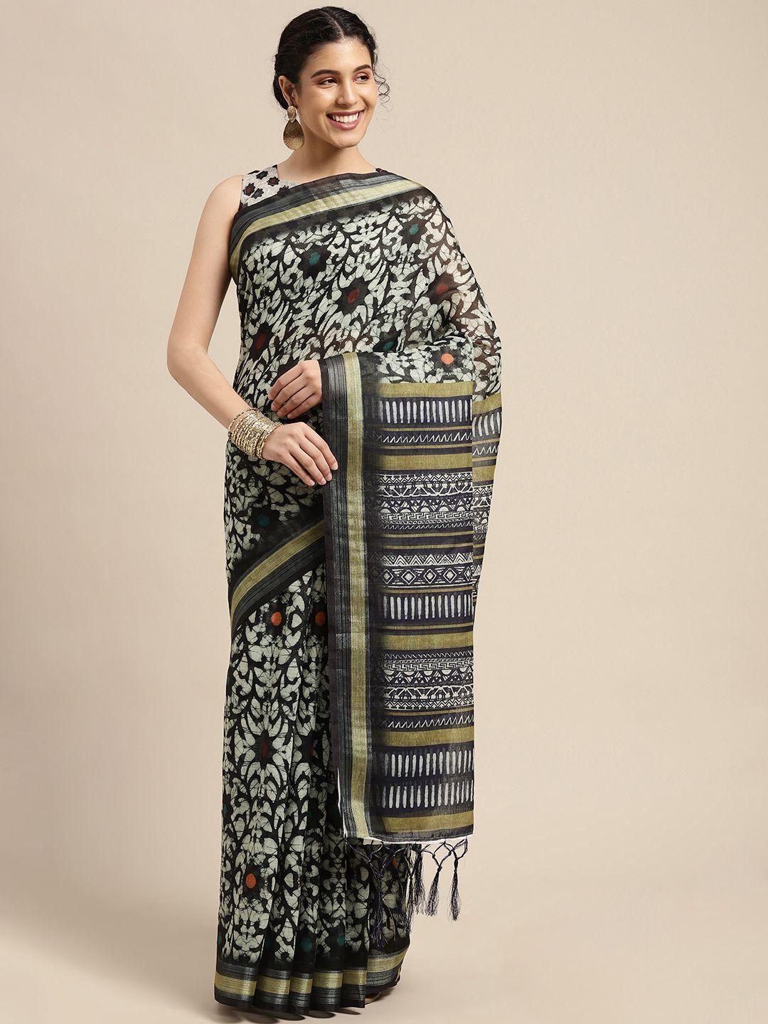 swagg india black & white batik zari block print saree