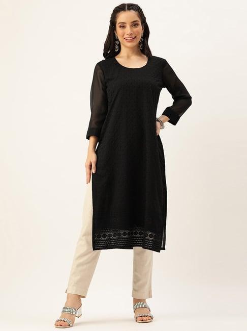 swagg india black embroidered straight kurta