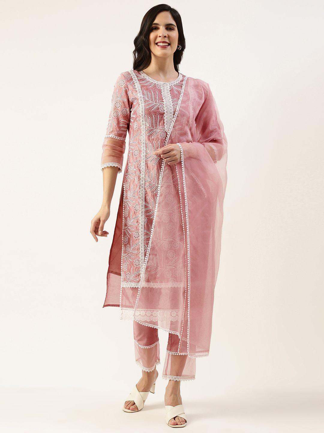 swagg india floral embroidered chanderi silk kurta with trousers & with dupatta