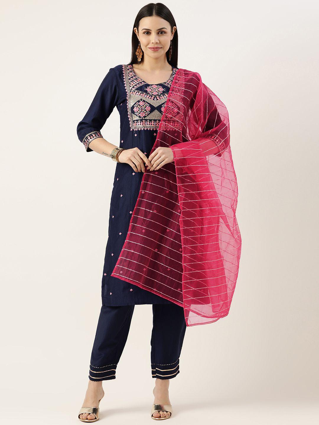 swagg india floral embroidered zari kurta with trousers & dupatta