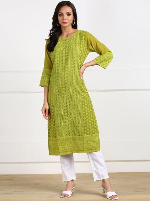 swagg india green embroidered straight kurta