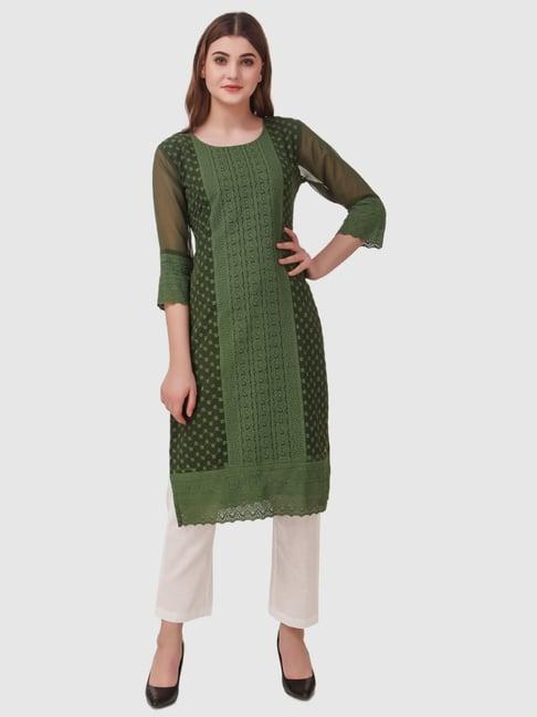 swagg india green embroidered straight kurta