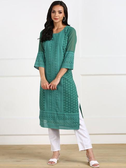 swagg india green embroidered straight kurta