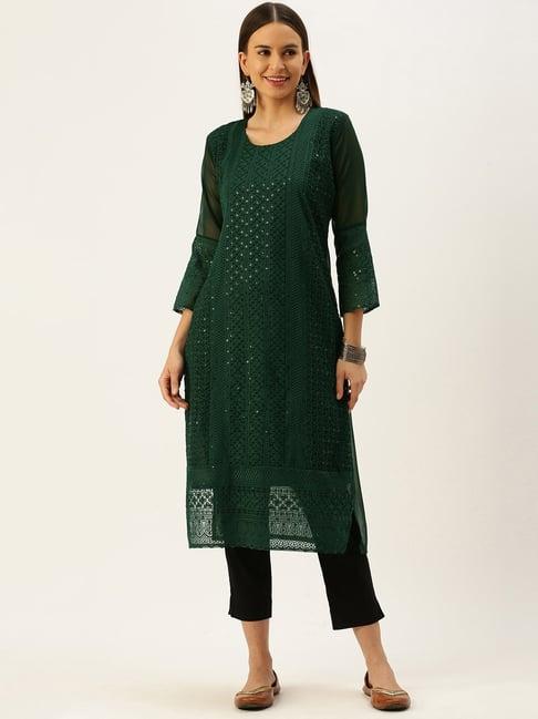 swagg india green embroidered straight kurta