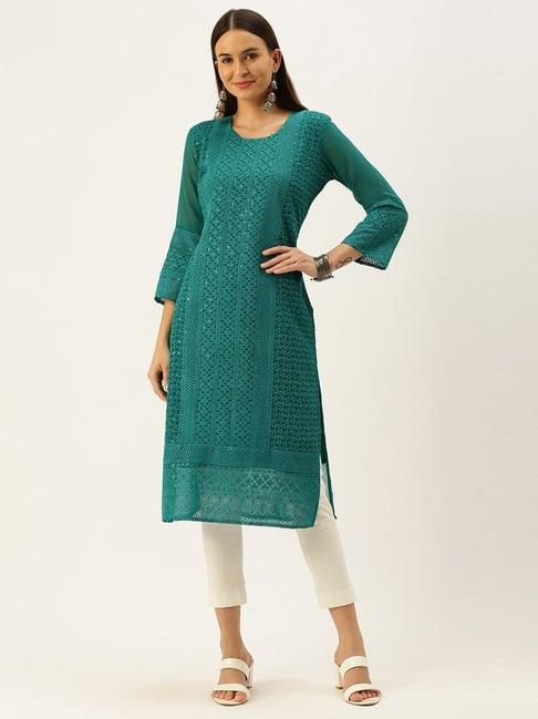 swagg india green embroidered straight kurta