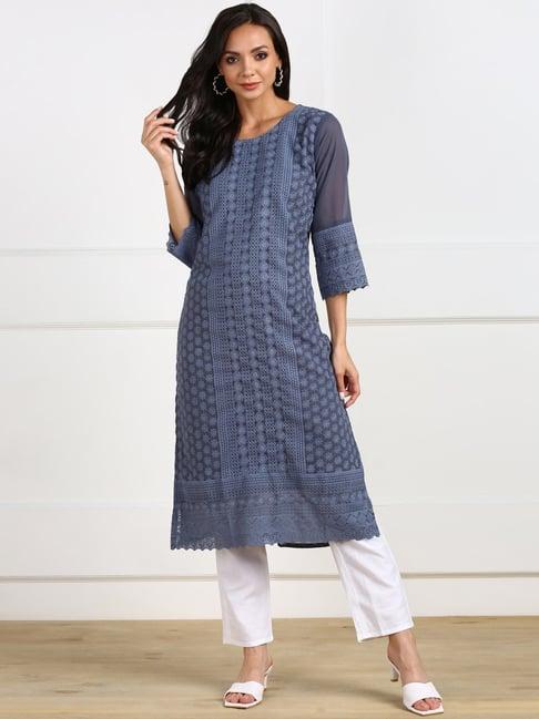 swagg india grey embroidered straight kurta