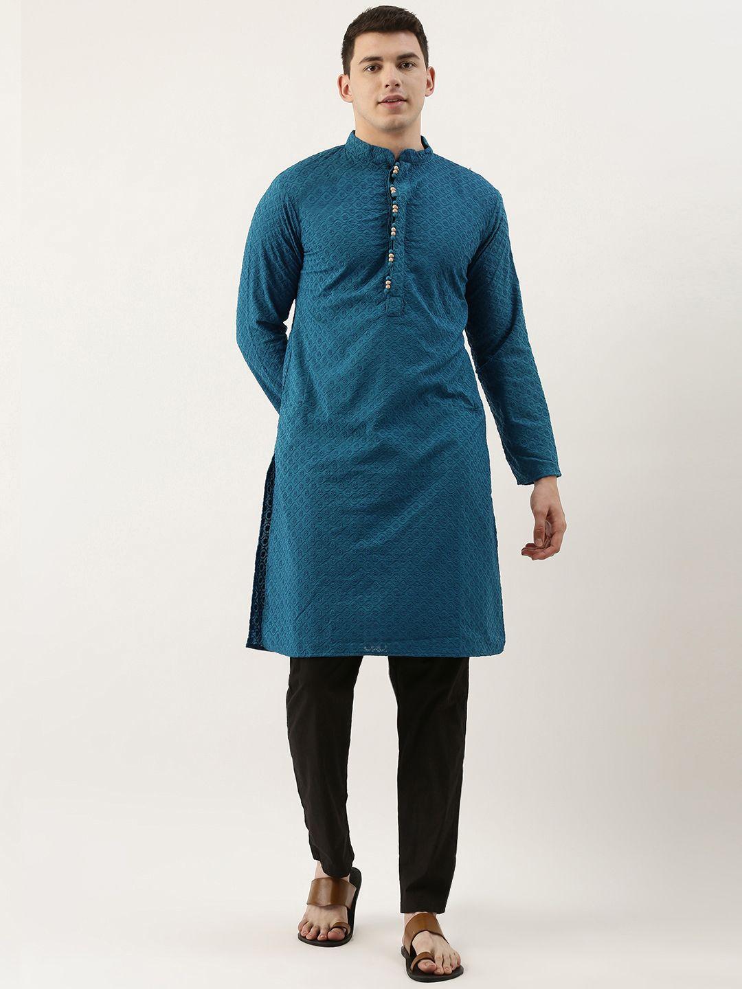 swagg india men blue ethnic motifs embroidered chikankari kurta