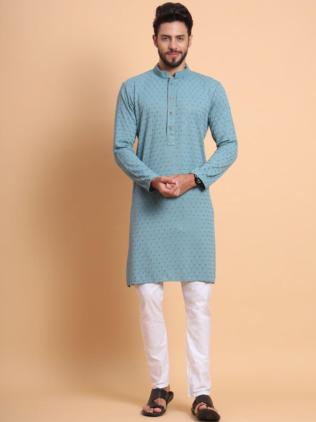 swagg india men blue geometric flared sleeves thread work kurta