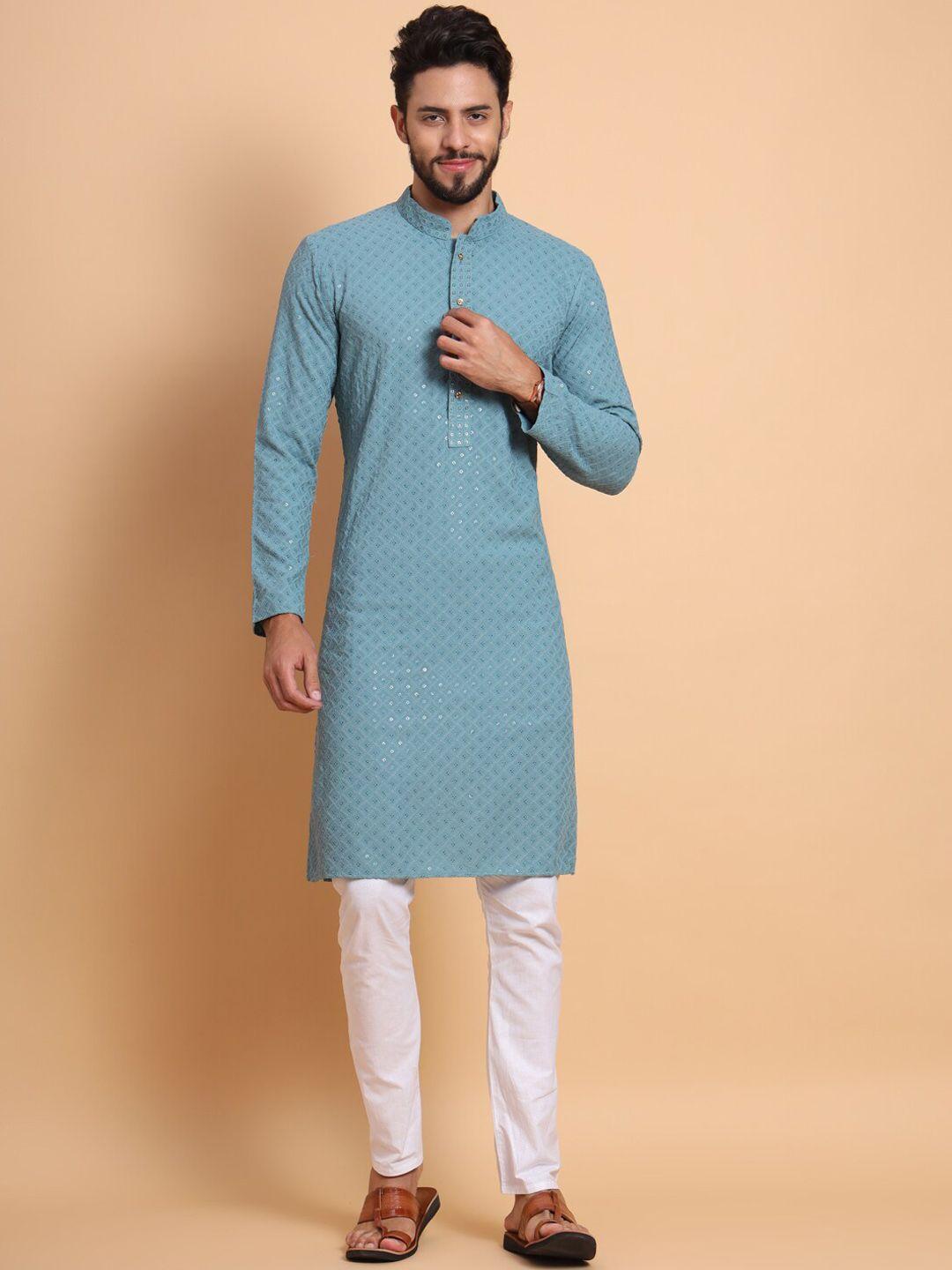 swagg india men blue geometric flared sleeves thread work kurta