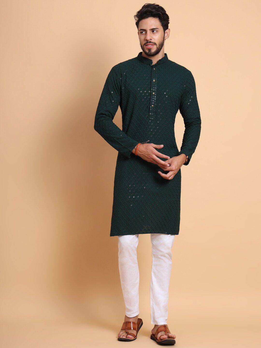 swagg india men green & charleston green thread work kurta