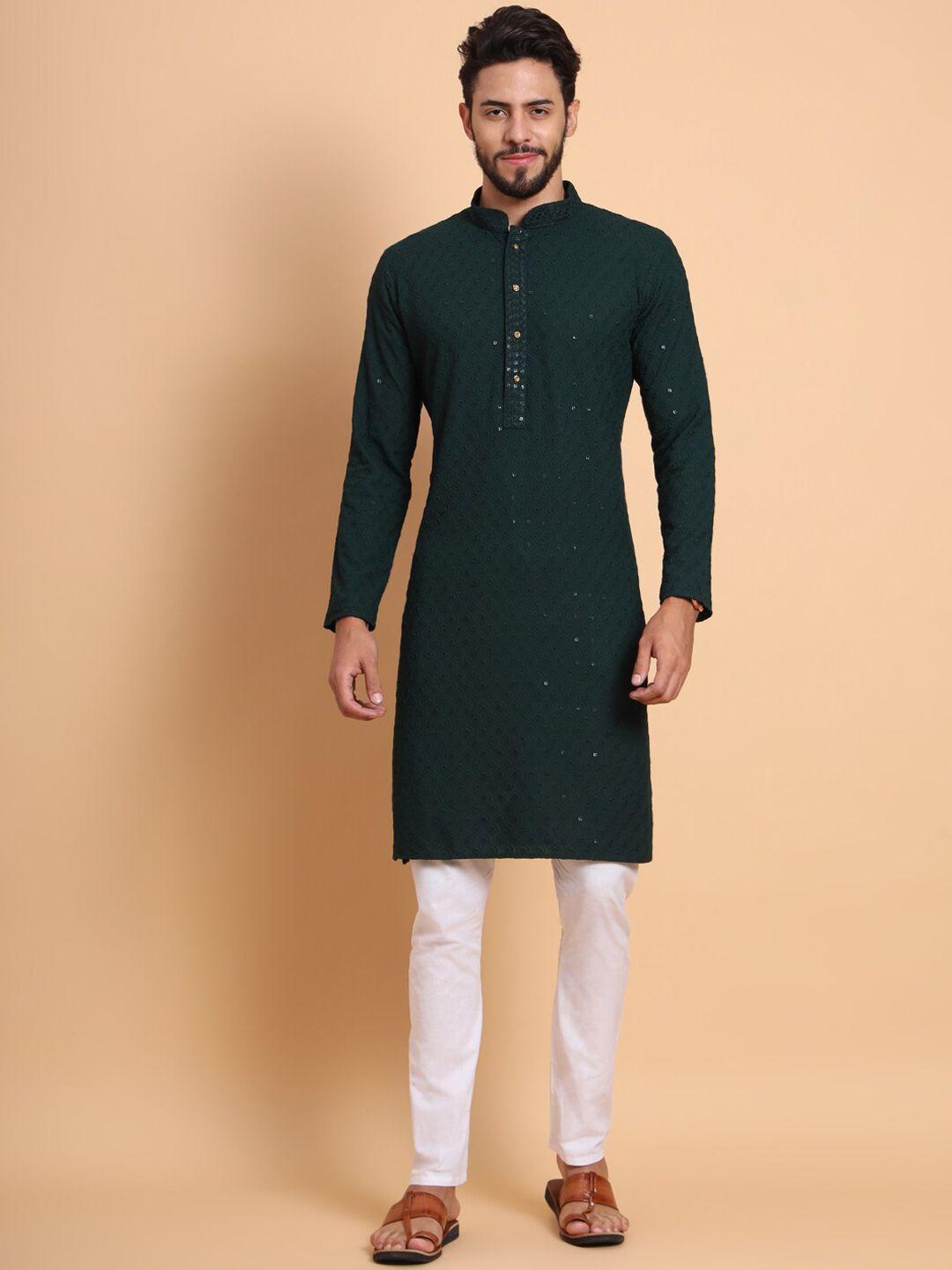 swagg india men green & dark gunmetal geometric thread work kurta