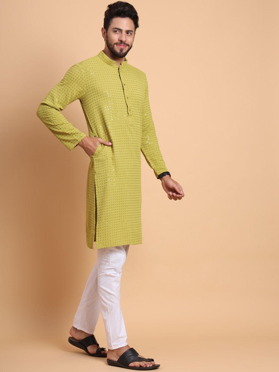 swagg india men green & linden green thread work kurta