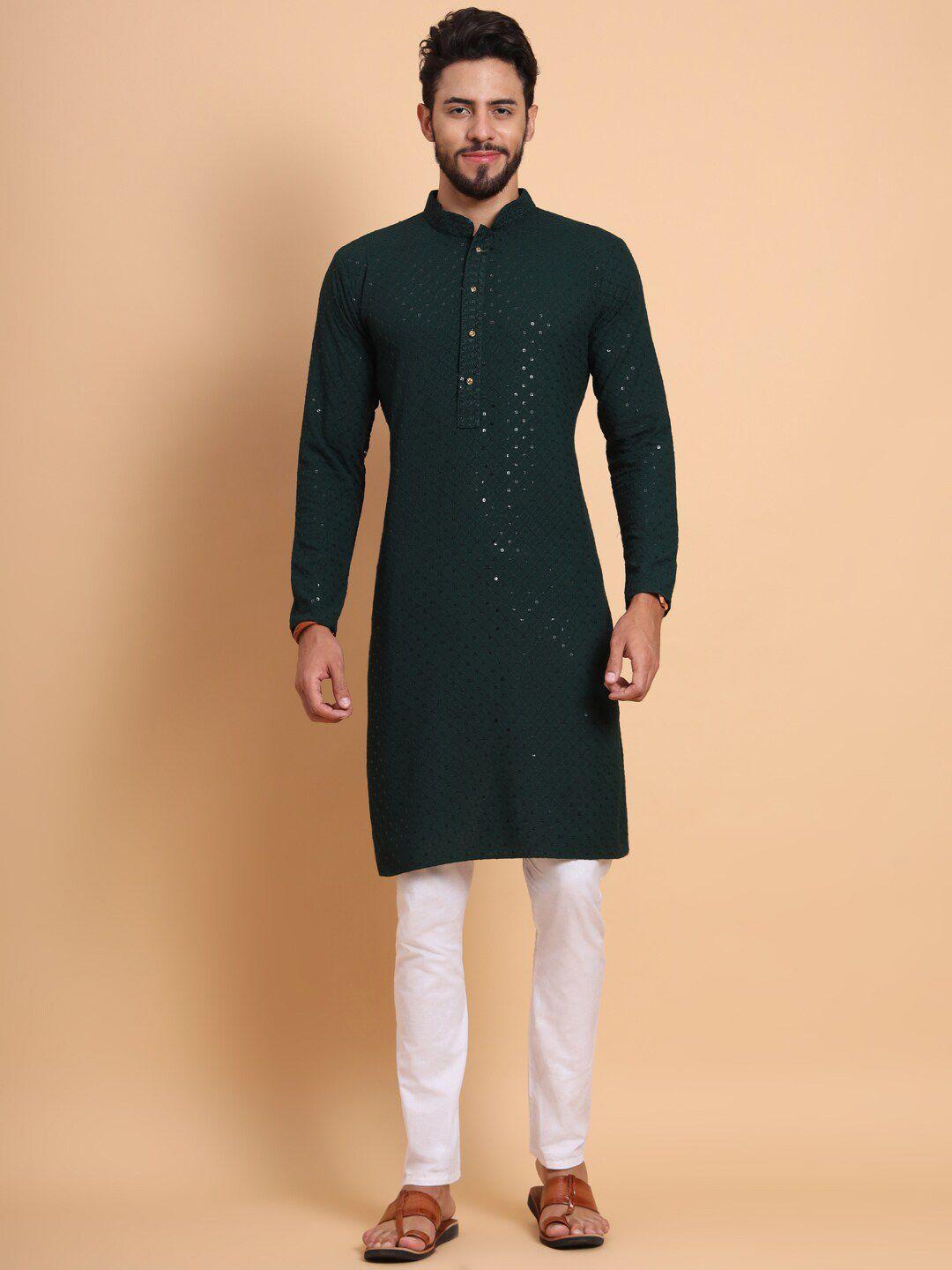 swagg india men green & pine tree thread work kurta