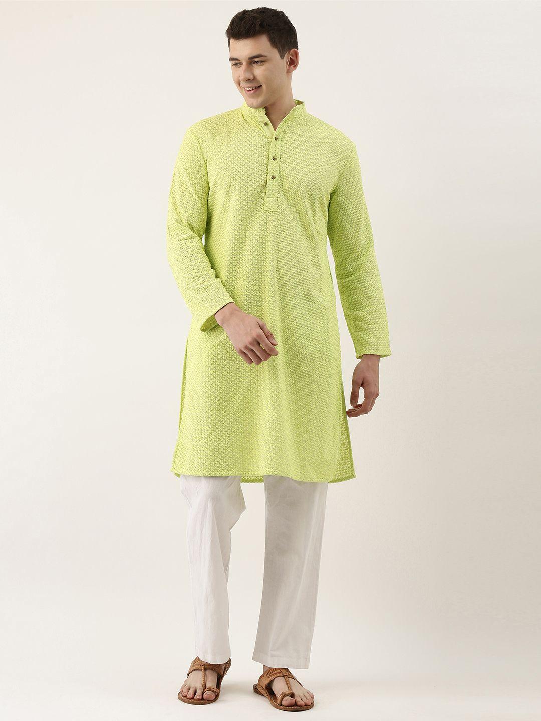 swagg india men green ethnic motifs embroidered chikankari kurta