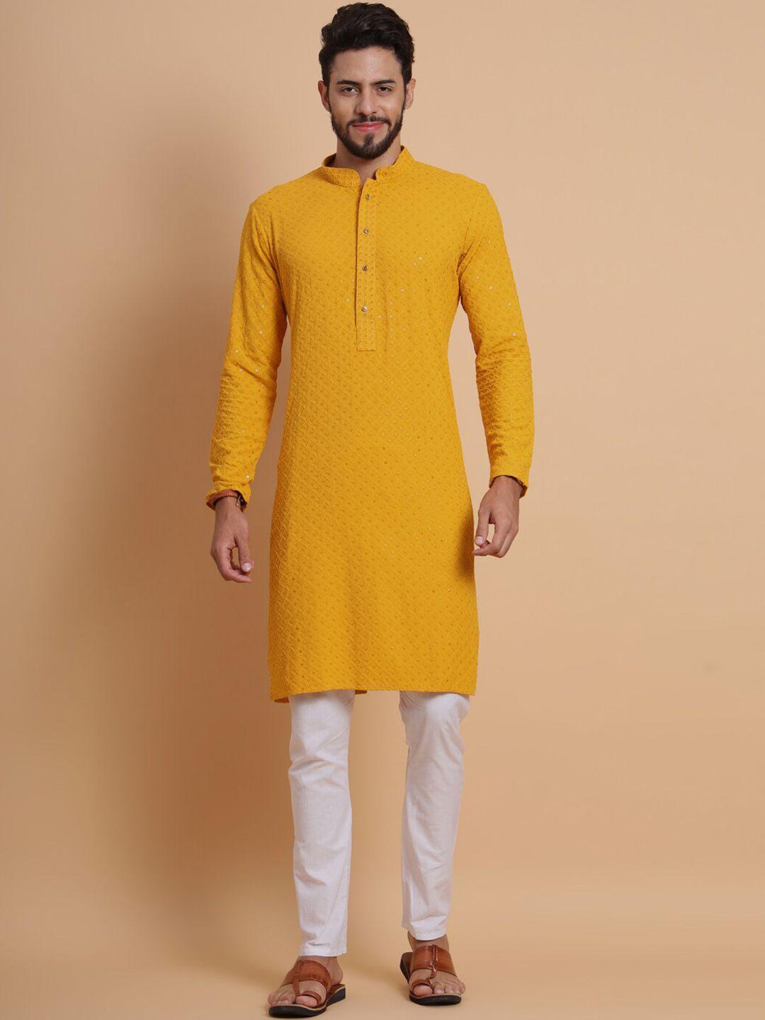 swagg india men mustard yellow & sulphur thread work kurta