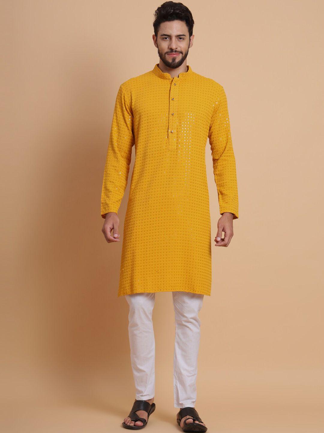 swagg india men mustard yellow flared sleeves thread work kurta