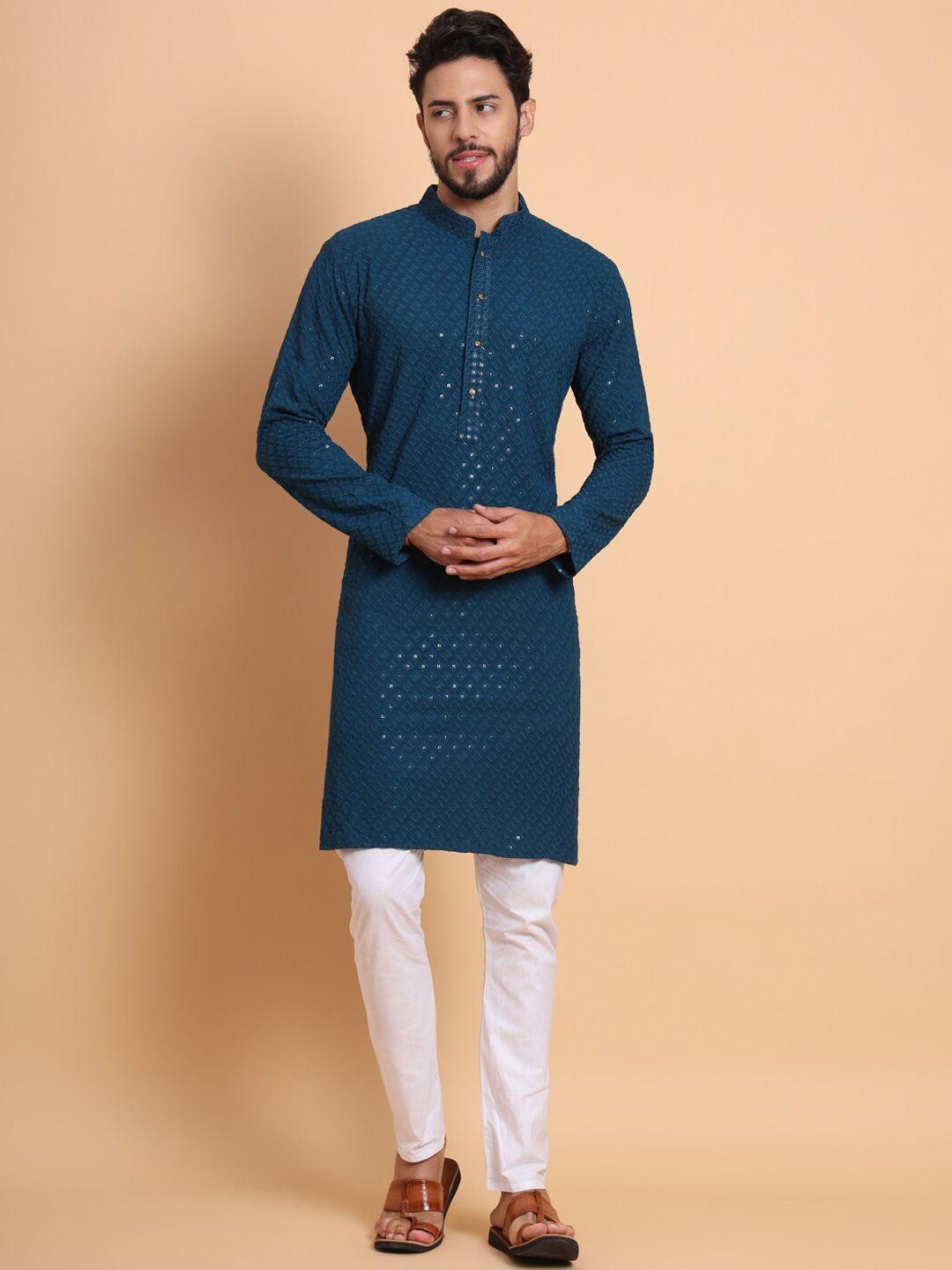 swagg india men navy blue ethnic motifs thread work kurta