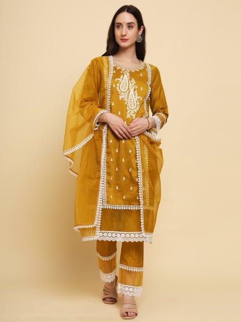 swagg india mustard embroidered kurta pant set with dupatta