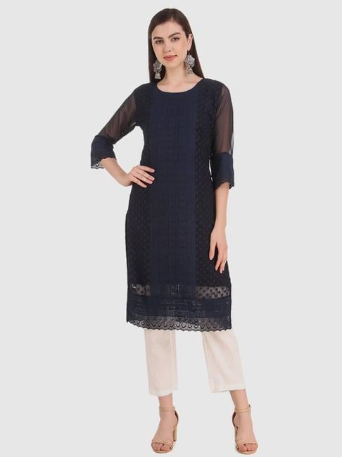 swagg india navy embroidered straight kurta