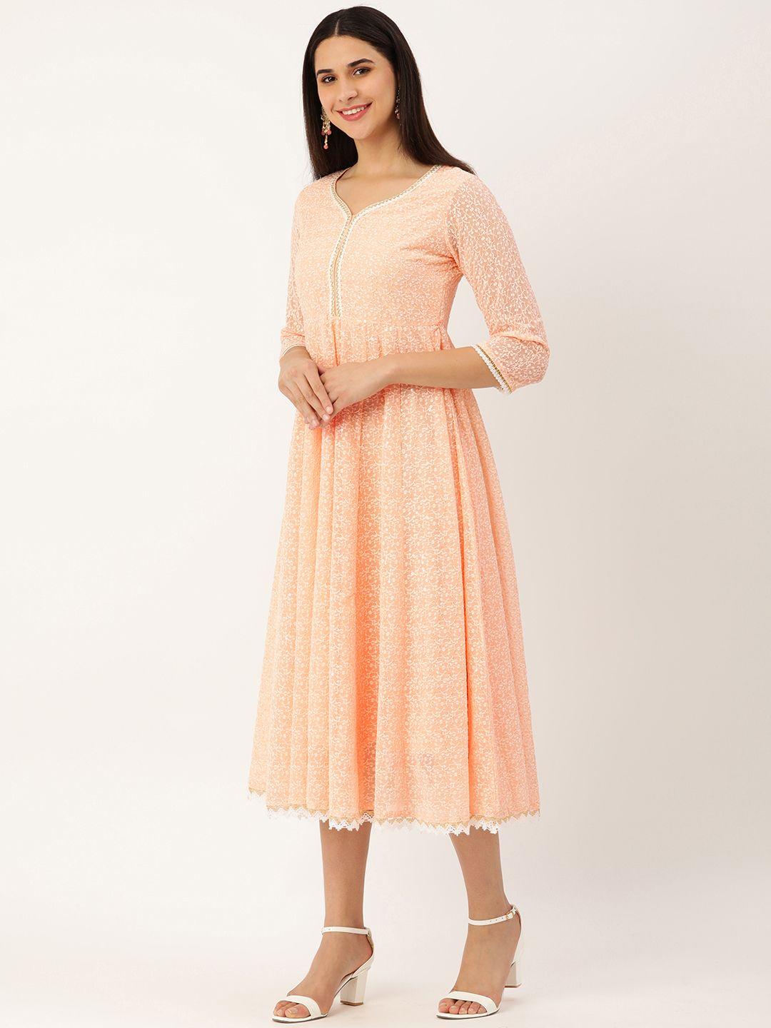 swagg india peach-coloured & white chikankari georgette ethnic a-line midi dress