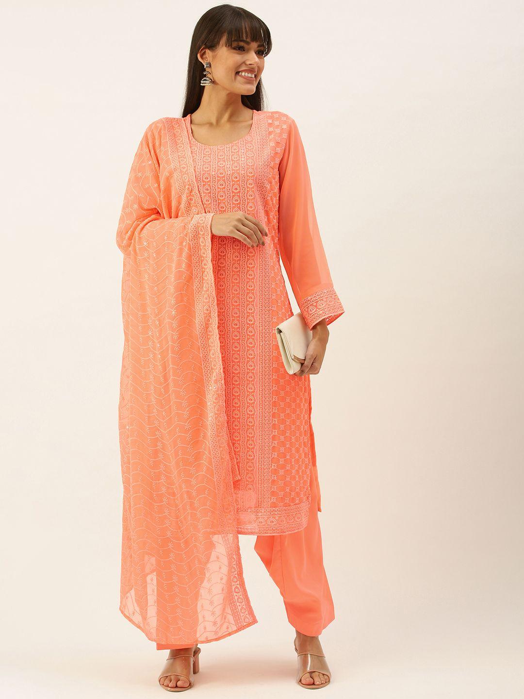 swagg india peach-coloured ethnic motif embroidered unstitched dress material