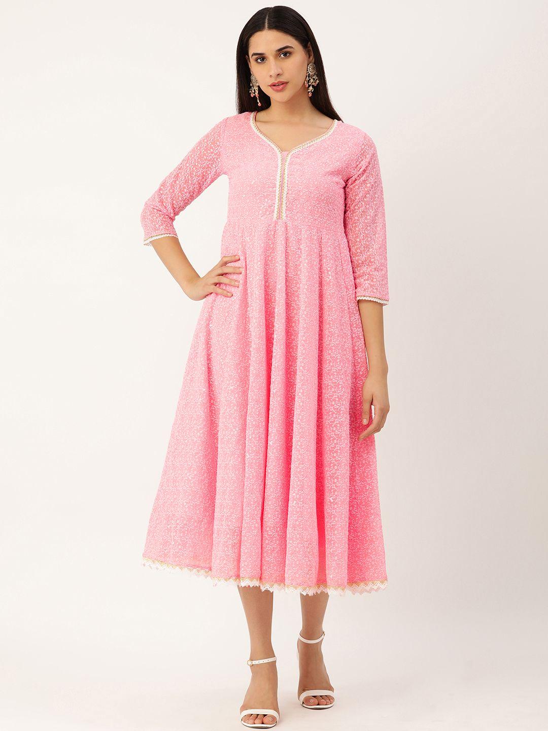 swagg india pink & white chikankari georgette ethnic a-line midi dress
