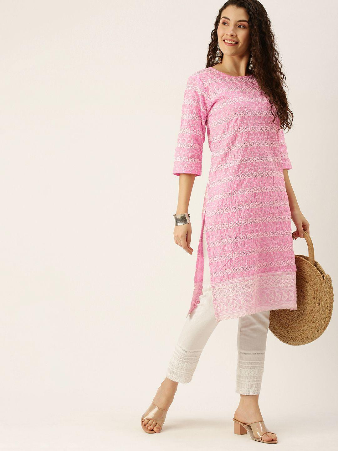 swagg india pink & white ethnic motifs embroidered kurti