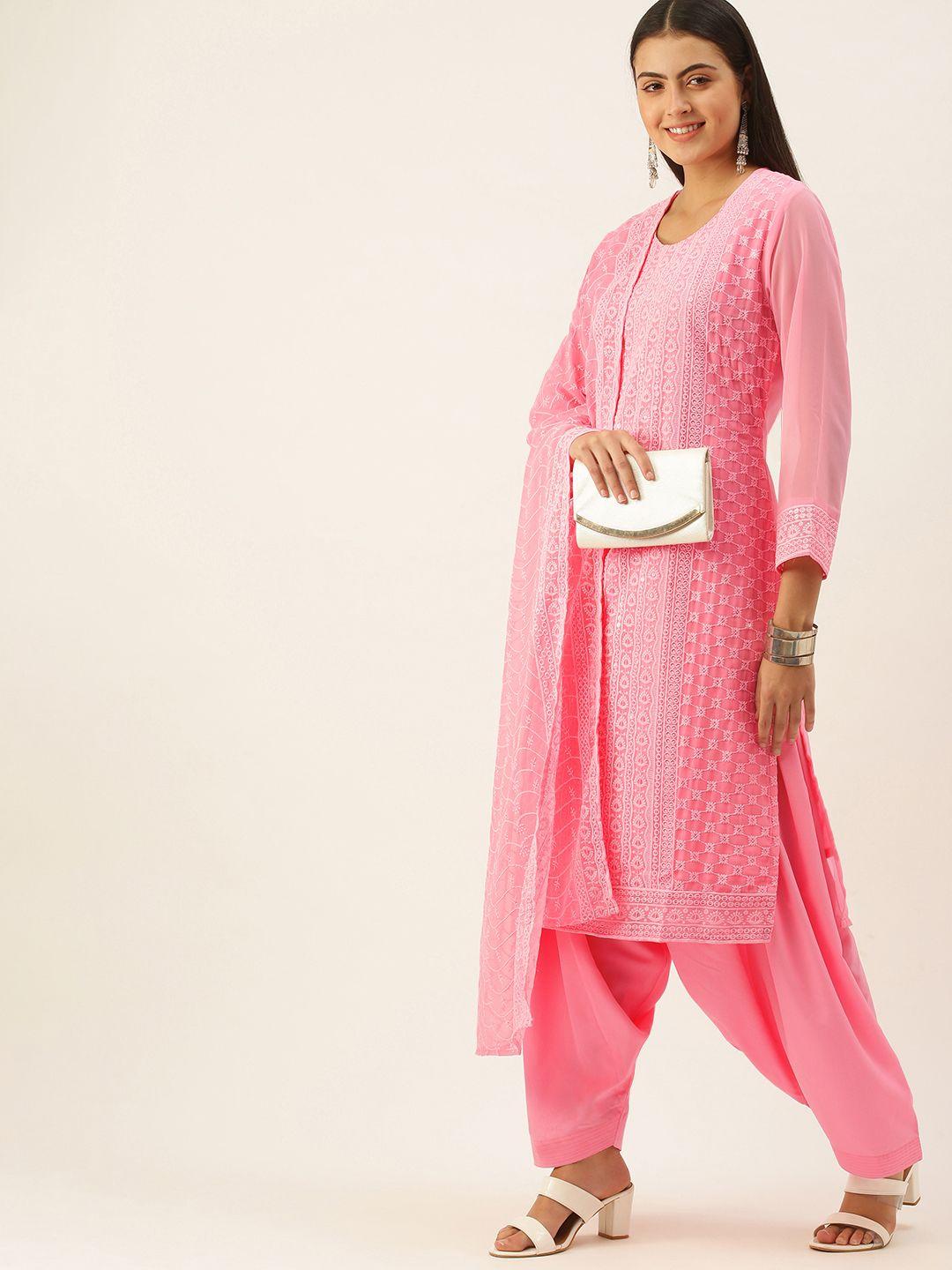 swagg india pink ethnic motif embroidered unstitched dress material