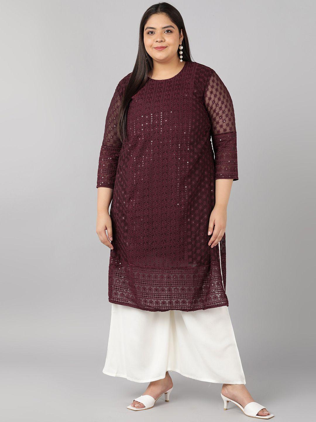 swagg india plus women maroon ethnic motifs embroidered georgette kurta