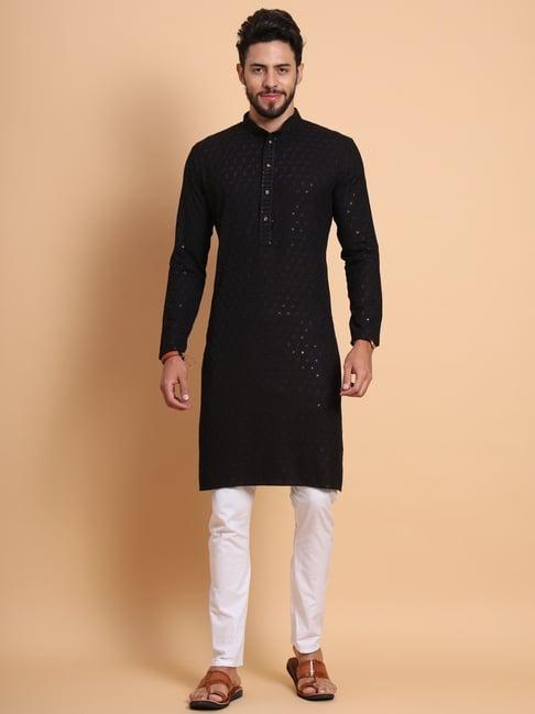 swagg india shine black regular fit embroidered kurta