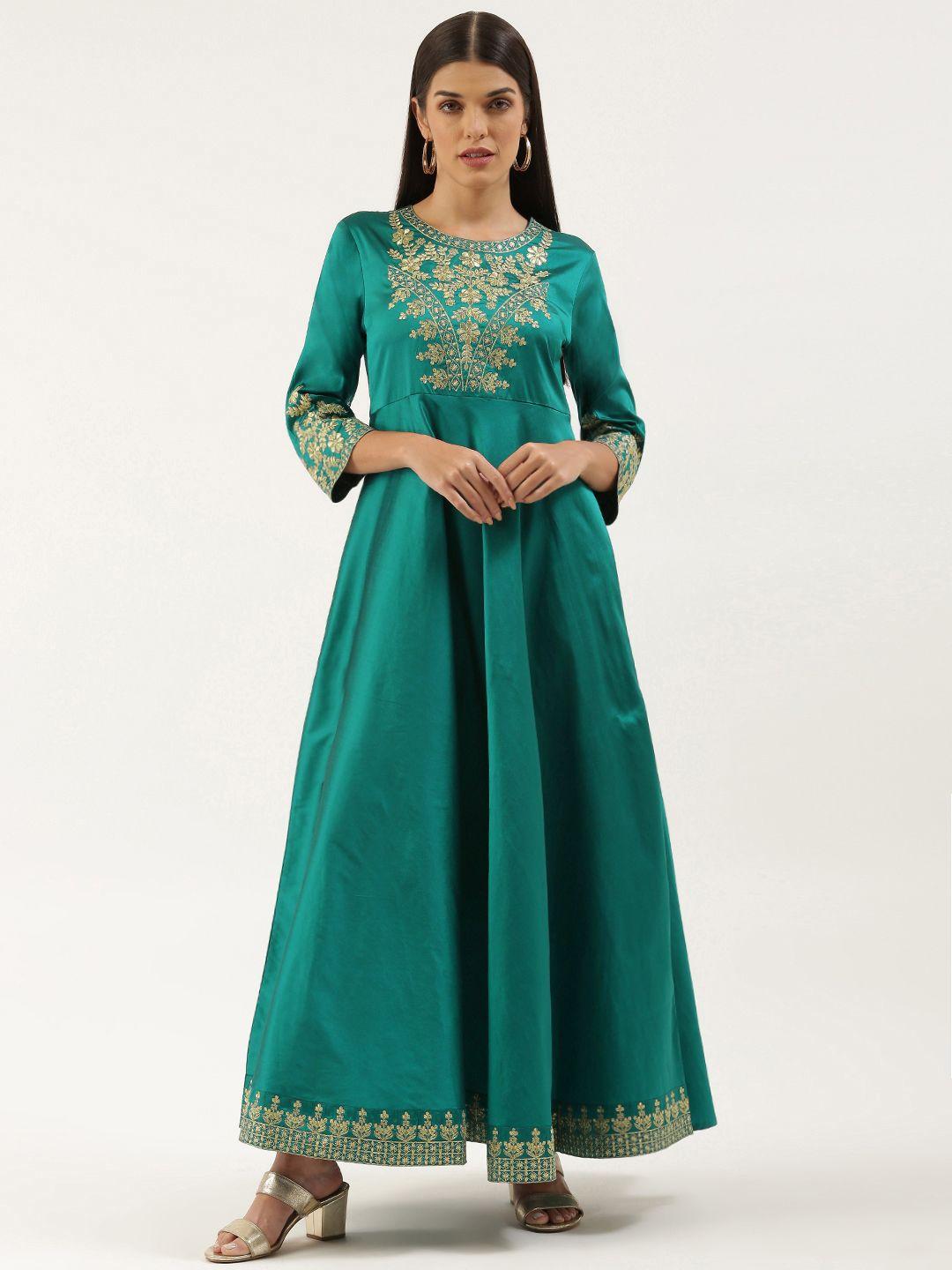 swagg india teal blue & golden embroidered ethnic gown