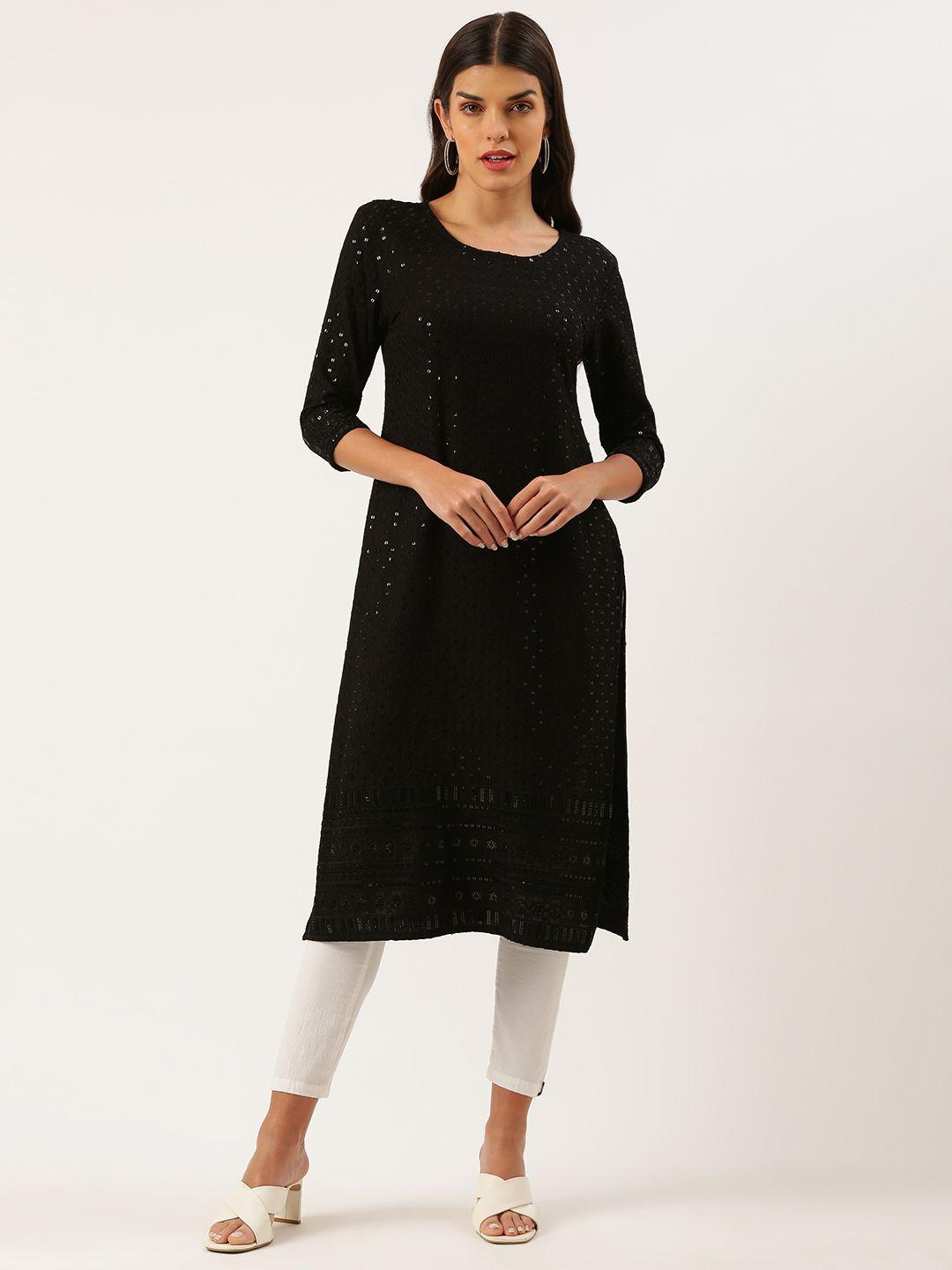 swagg india women black ethnic motifs chikankari sequin embroidered kurta