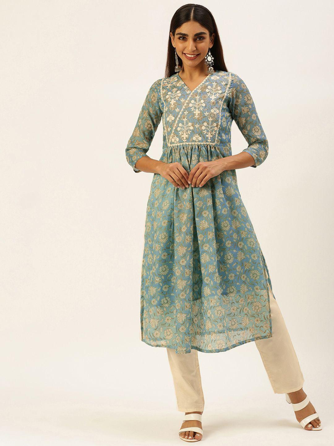 swagg india women blue ethnic motifs embroidered pleated thread work kurta with trousers