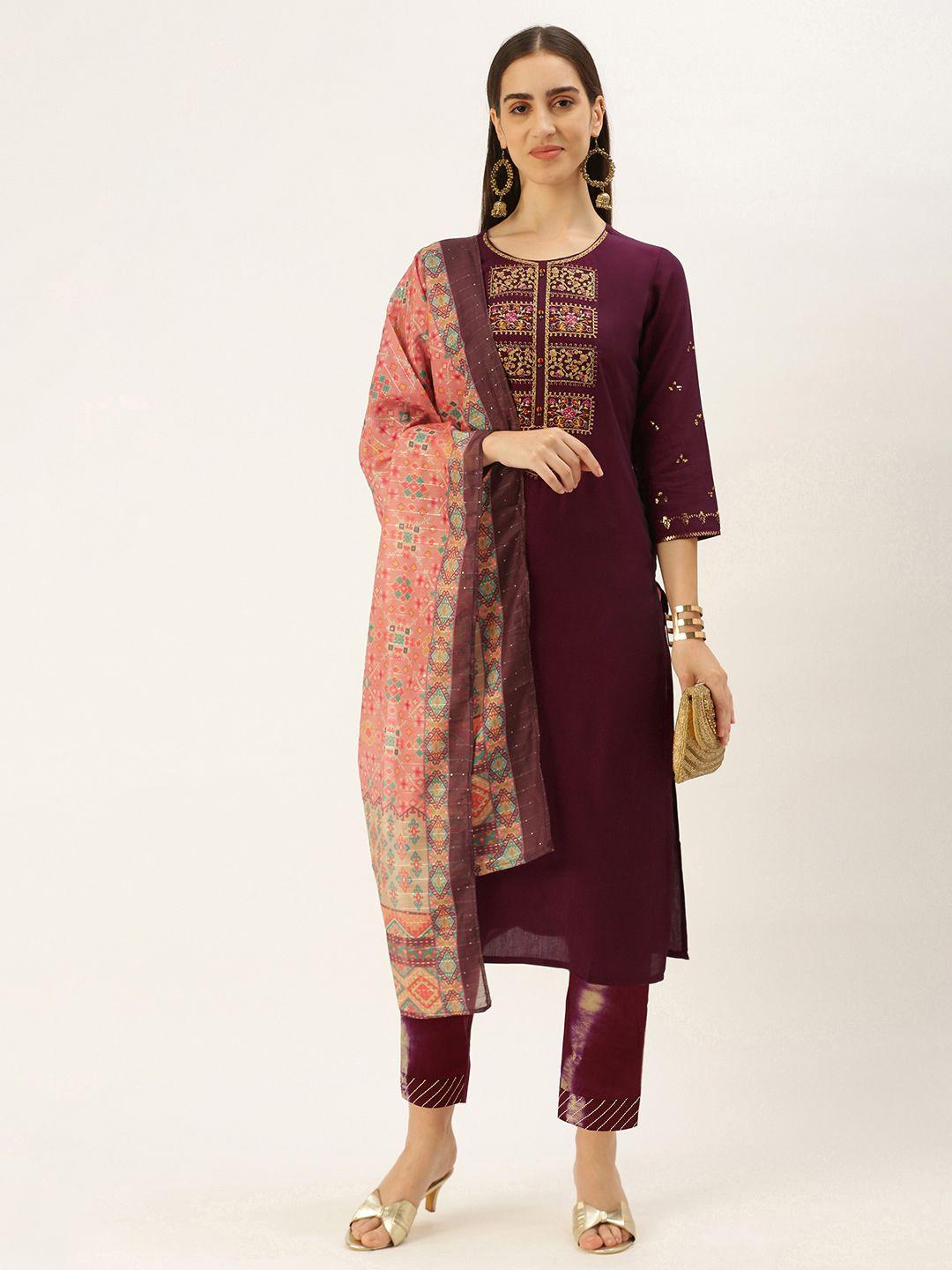 swagg india women floral embroidered thread work kurta with trousers & with dupatta