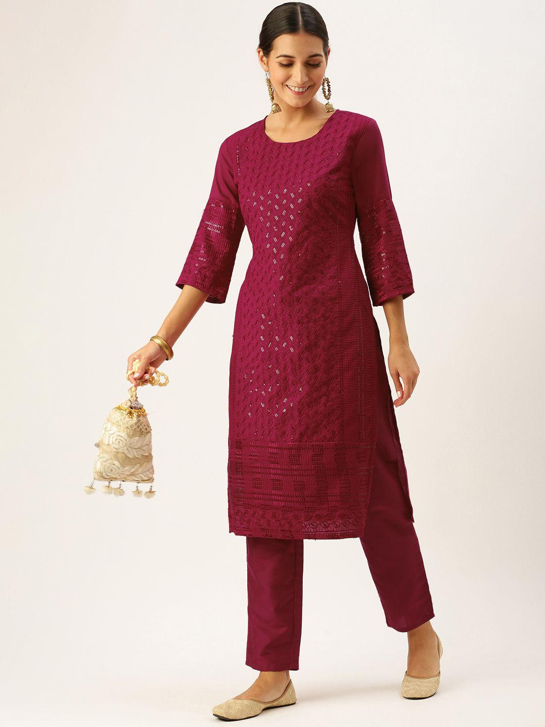 swagg india women fuchsia sequinned kurta with trousers