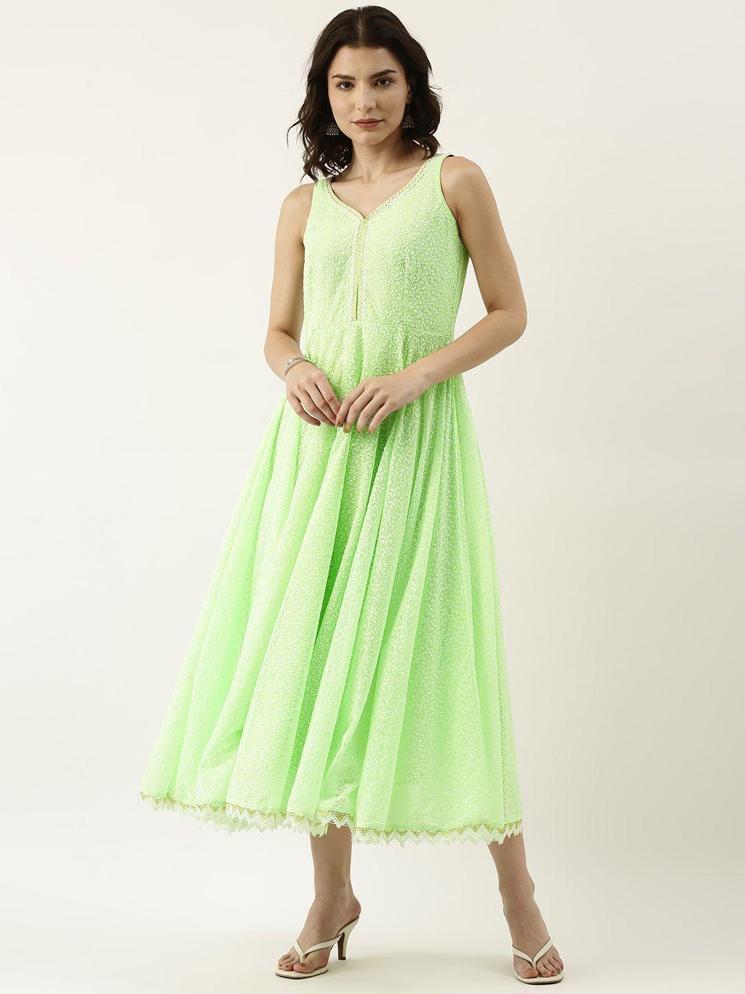 swagg india women green & off white chikankari embroidered a-line midi dress