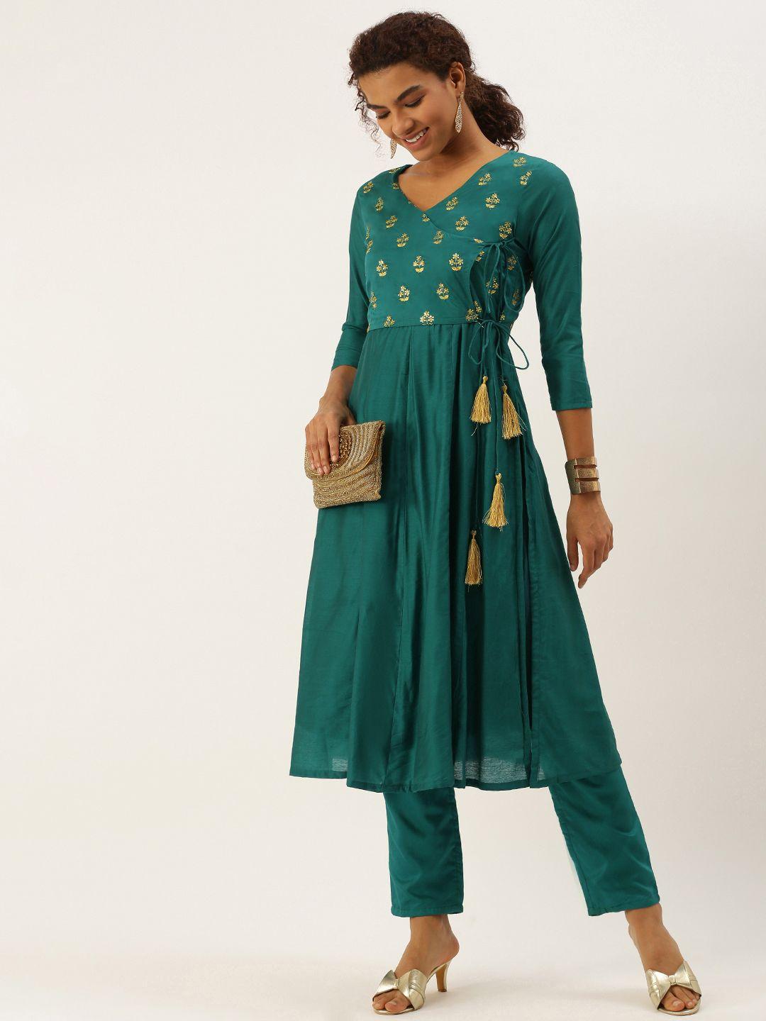 swagg india women green ethnic motifs embroidered angrakha chanderi silk kurta with trousers