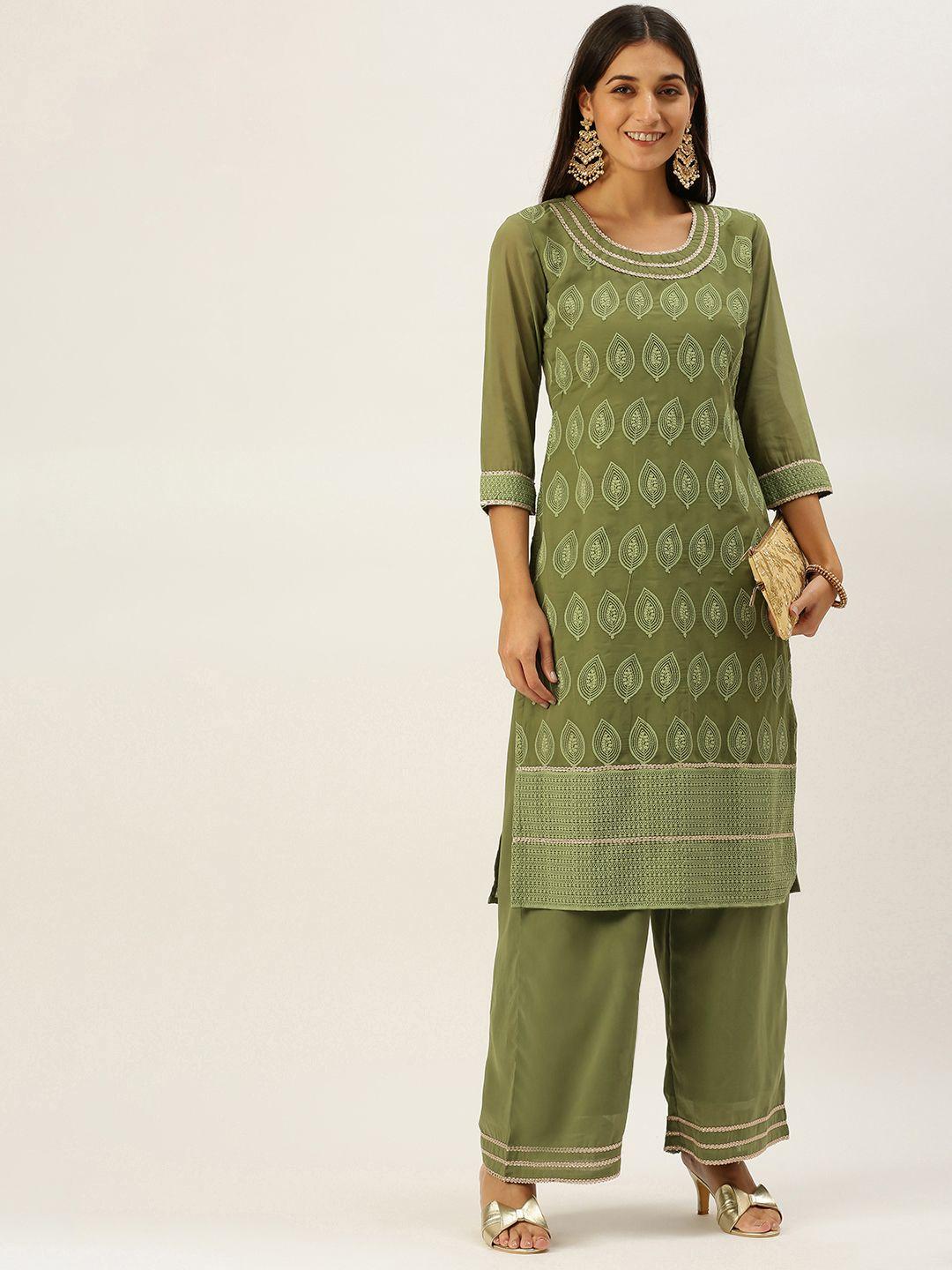 swagg india women green ethnic motifs embroidered chikankari kurta with palazzos